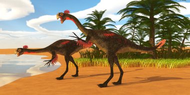 Gigantoraptor Theropod dinozorları Kretase Dönemi sırasında Moğolistan, Çin 'de su içmek için bir göle inerler..