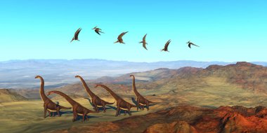 Bir zürafa dinozor sürüsü, her yıl nesli tükenmiş bir Afrika volkanı üzerinde yürür ve üzerlerinde bir Pteranodon sürüsü uçar..