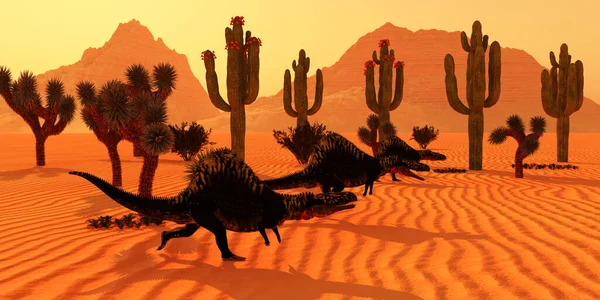 Tři Dinosauři Arizonasaurus Jdou Lovit Kořist Při Západu Slunce Poušti — Stock fotografie