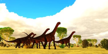 Bir Mierasaurus Sauropod dinozor sürüsü, Utah, ABD 'nin Kretase Dönemi boyunca Red Oak ağaçlarının arasında birlikte seyahat eder..
