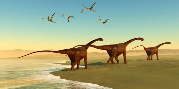 Quetzalcoatlus reptiles fly out to sea as a herd of Malawisaurus dinosaurs go in search of vegetation to eat.