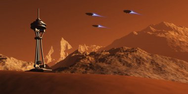 Dünya 'dan gelen uzay aracı Mars gezegenine inşa edilmiş bir uzay iğnesinin yakınına iniyor..