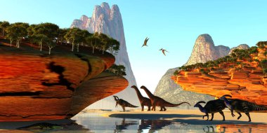 Bir Kaprosuchus sürüngeni, Alamosaurus ve Parasaurolophus dinozorları su içmek için geldiklerinde nehre süzülür.. 