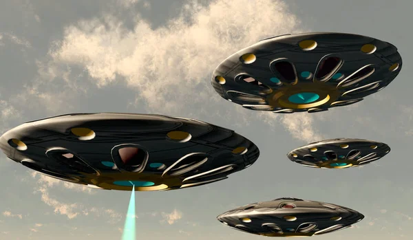Plasma Beam Shoots Clouds One Convoy Flying Saucers — Stock Photo, Image