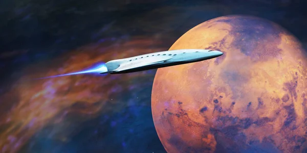 Een Ruimteschip Vol Mensen Van Aarde Komt Naar Mars Een — Stockfoto