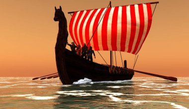 Viking erkekleri bir yolculuğa çıkmak için yelkenli teknelerinin pruvasında toplandılar..