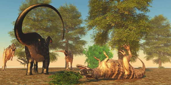 Apatasaurus kämpft gegen Ceratosaurus — Stockfoto