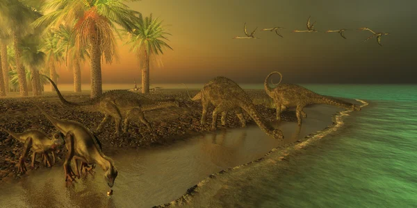 Uberabatitan 恐龙与两个 Hypsilophodon 恐龙 — 图库照片