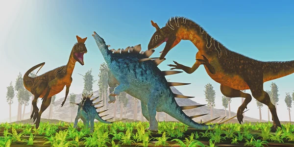 Cryolophosaurus attacks Kentrosaurus — Stock Photo, Image