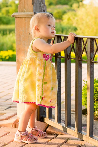 Baby flicka ser över ett staket — Stockfoto