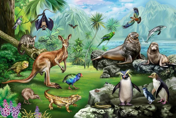 Yeni Zelanda Fauna 'sı. Doğada nadir rastlanan hayvanlar, gerçekçi çizimler.