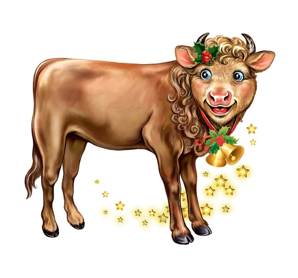 Funny Cartoon Bull Bell Stars Symbol New 2021 Chinese Horoscope — Stock Photo, Image