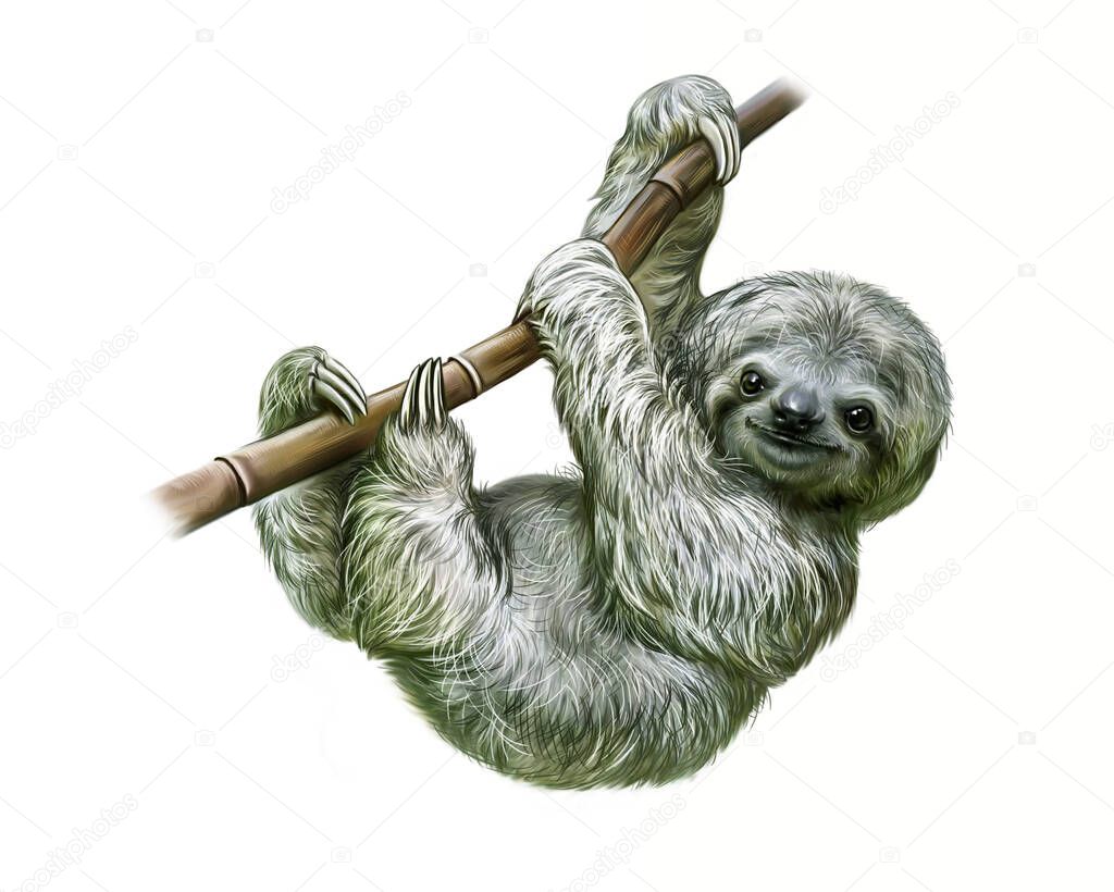 Sloth (Folivora) hanging on a branch. Realistic drawing illustration for encyclopedia of animals of Central and South America. Isolated image on white background