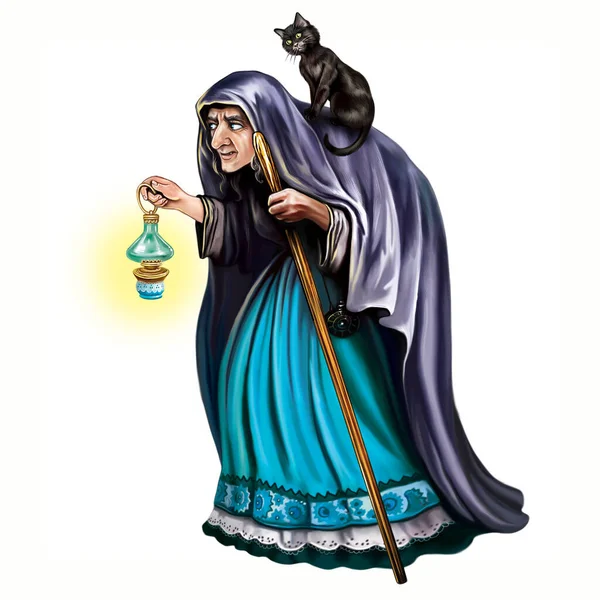 Old Witch Black Cat Stick Lamp Walking Furtively Dark Fairy — Stockfoto