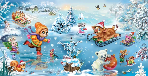 Buz pateni pistindeki komik çizgi film hayvanları, ayılar, tavşanlar, sincaplar, fareler ve kızak ve boğa, muhteşem kış manzarası, Noel ve yeni yıl kutlamaları, mutlu kış kutlamaları.