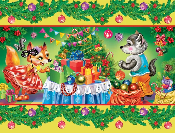 Funny cartoon animals in clothes celebrating Christmas and New Year, opening gifts, fox and wolf cub, packaging design, New Year\'s print