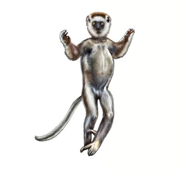 Verreaux 'nun sifaka' sı (Propithecus verreauxi), Indri dansı, gerçekçi çizim, Madagaskar ansiklopedisi için illüstrasyon, beyaz arka planda izole edilmiş görüntü