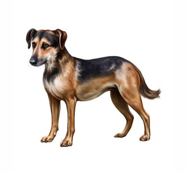 Köpek (Canis lupus familiaris) hayvan ansiklopedisi için kırsal gerçekçi çizim, beyaz arkaplanda izole edilmiş görüntü