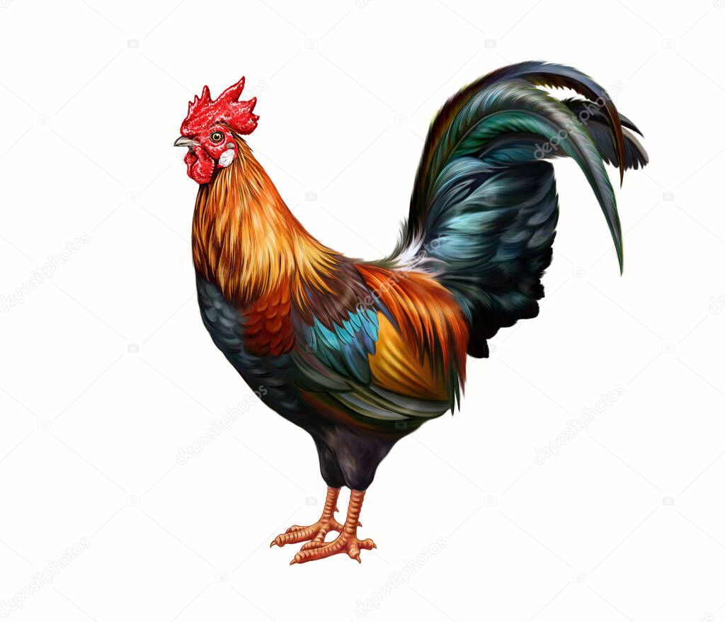 Rooster (Gallus) realistic drawing illustration for encyclopedia of animals and birds, isolated image on white background