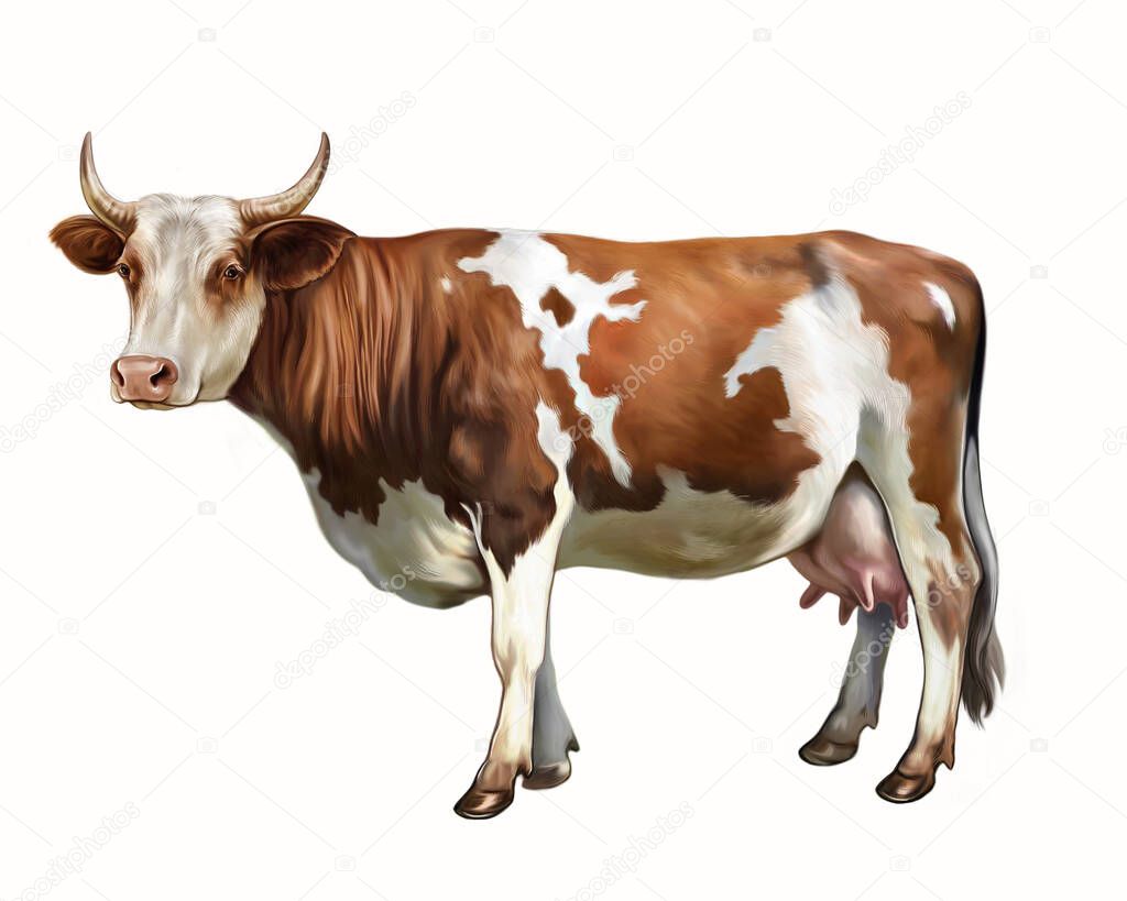 Cow (Bos taurus), realistic drawing, illustration for pet encyclopedia, isolated image on white background