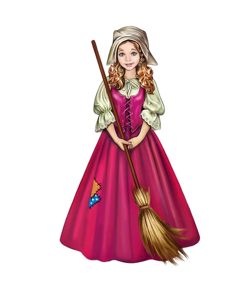 Beautiful Cinderella in a cap standing with a broom, fairytale character Isolated on a white background