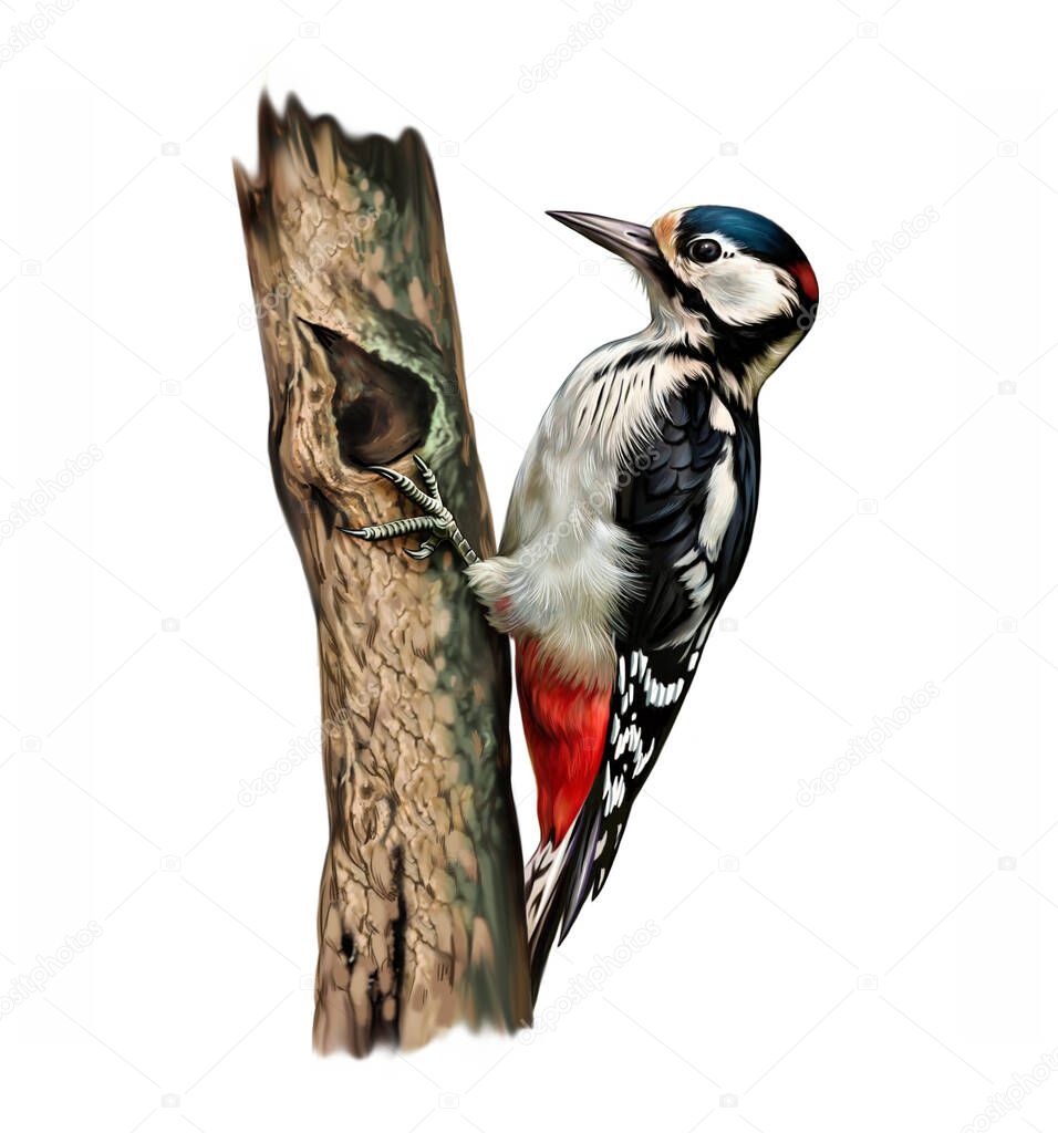 Great Spotted Woodpecker (Dendrocopos major) hollowing a tree, realistic drawing, bird encyclopedia illustration, isolated image on white background