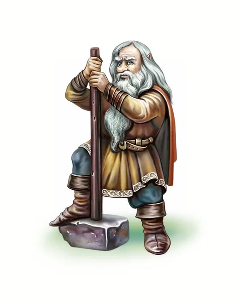 Gnome Sévère Avec Marteau Héros Mythologie Nordique Zwerg Guerrier Personnage — Photo