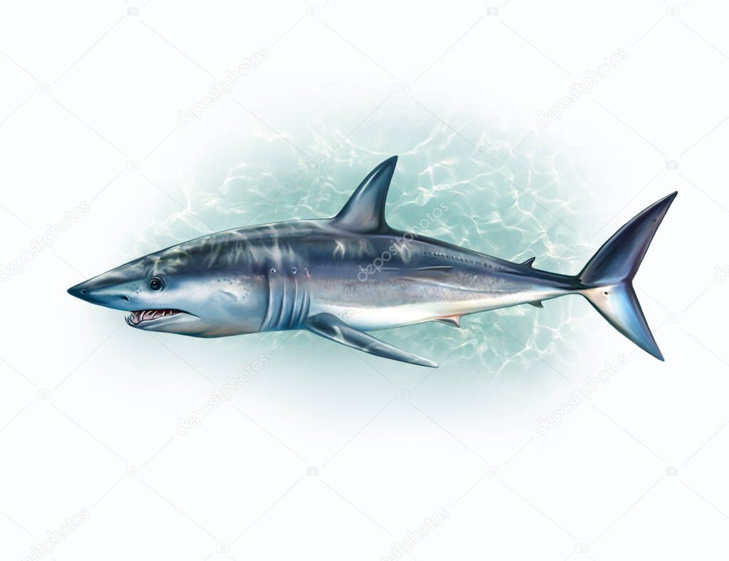 Mako (Isurus), gray-blue herring shark in water, realistic drawing, illustration for the encyclopedia of fish, animals of the seas and oceans, isolated image on a white background