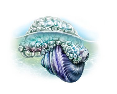 Sudaki mor salyangoz (Janthina), gerçekçi çizim, tropikal deniz ve okyanus sakinlerinin ansiklopedisi için çizim, beyaz arka plandaki izole görüntü