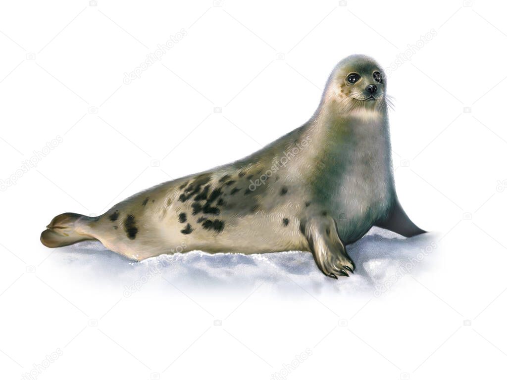 Harp seal (Pagophilus groenlandicus), realistic drawing, illustration for the encyclopedia of animals of the arctic, isolated image on a white background