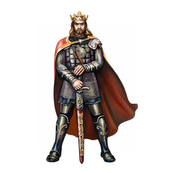 Kral Arthur kılıç Excalibur ile duruyor, İngiliz destansı ve şövalye romanlarının Kelt kahramanı, peri masalları ve efsaneleri, beyaz arka planda izole edilmiş görüntü