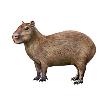 Capybara (Hydrochoerus hydrochaeris), Orta ve Güney Amerika tropiklerinin hayvan ansiklopedisi için gerçekçi çizim, beyaz arka plandaki en büyük kemirgen, izole edilmiş görüntü.