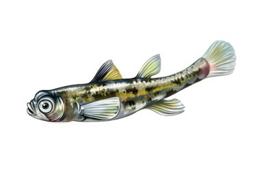 Cüce cüce goby (Pandaka pigmaea), gerçekçi çizim, en küçük balık, beyaz arkaplanda izole görüntü