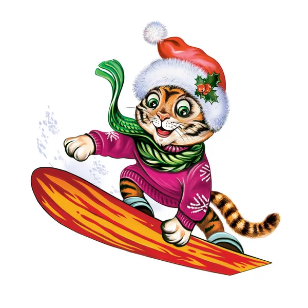 2022 Year of the Tiger, funny tiger cub on snowboard in Santa hat, cartoon animal, Merry Christmas and Happy New Year greeting card, isolated character on white background