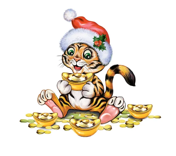 Year Tiger Little Tiger Cub Money Gold Bars Funny Cartoon — Stock Photo, Image