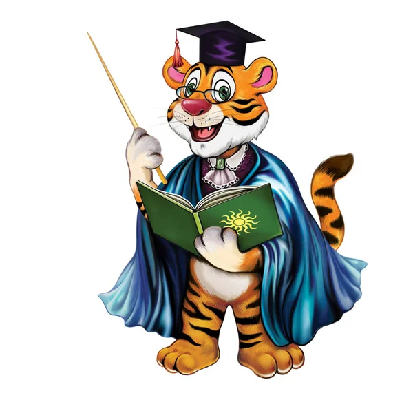 Tiger school teacher with book and pointer, funny pictures of cartoon animals, children study and education, isolated image on white background