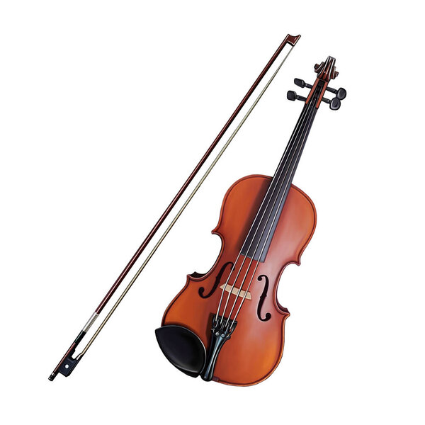 Violin, realistic drawing, stringed bowed musical instrument, isolated image on white background