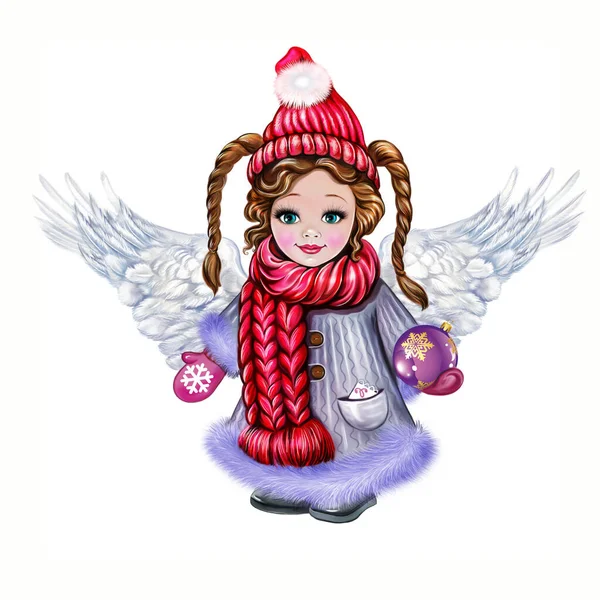 Cute modern Christmas angel in coat, hat and scarf, funny cartoon character, Merry Christmas and Happy New Year greeting card, isolated image on white background