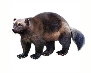 Wolverine (Gulo gulo), gerçekçi çizim, Taiga ansiklopedisi ve orman-tundra hayvanları için çizim, beyaz arka planda izole edilmiş görüntü