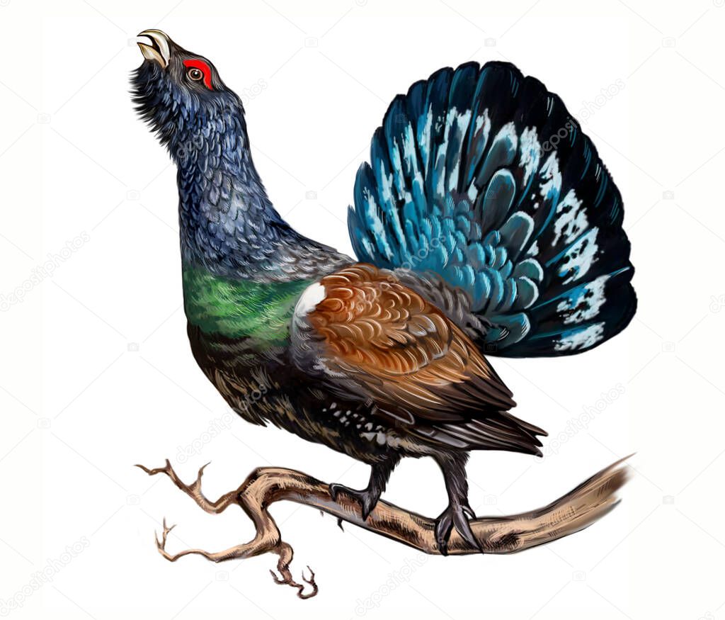 Western Capercaillie (Tetrao urogallus) on a branch, realistic drawing, illustration for the encyclopedia of Taiga animals and birds, isolated image on a white background