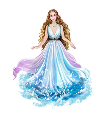 Yunan Aşk ve Güzellik Tanrıçası Afrodit, denizin köpüğünden doğan Venüs, antik mitoloji, beyaz arka planda izole edilmiş bir görüntü.