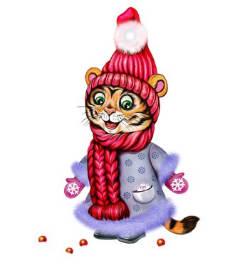 Şapkalı, atkılı ve eldivenli komik kaplan yavrusu, kışın giydiği çizgi film hayvanı, kaplan yılı, 2022 'nin sembolü, mutlu yıllar tebrik kartı, beyaz arka planda izole edilmiş görüntü.