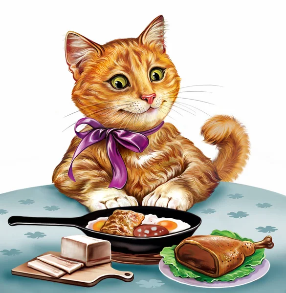 재미있는 고양이가 테이블에 음식을 스크램블드에그 소시지 돼지고기와 프라이팬에 배경에 고립된 — 스톡 사진