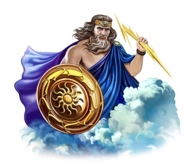 Zeus - Gökyüzü Tanrısı, gök gürültüsü ve şimşek, antik Yunan mitolojisi, Olimpos 'un yüce hükümdarı, Roma Jüpiteri, beyaz arka planda soyutlanmış bir karakter