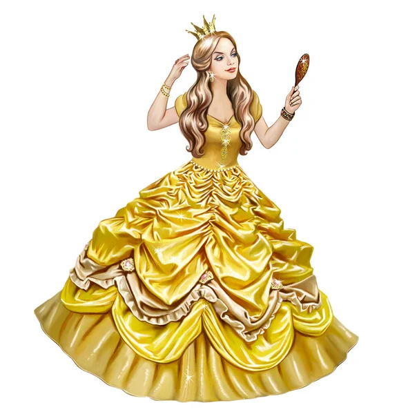 鏡のある金色のドレスを着た美しい王女 おとぎ話のキャラクター 白い背景に孤立したイメージ — ストック写真