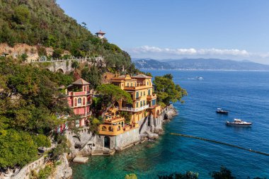 Natural view of the Ligurian coast near the famous city of Portofino in Italy. House overlooking the sea.