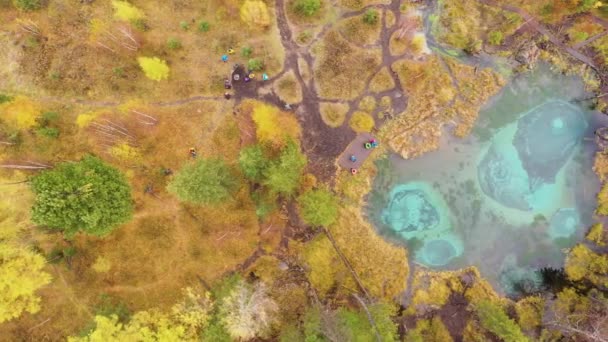 Gayzer Mavi Göl ve Sarı Ağaçlar. Havadan Yukarıdan Aşağı Görünümü. Altai Cumhuriyeti, Rusya — Stok video