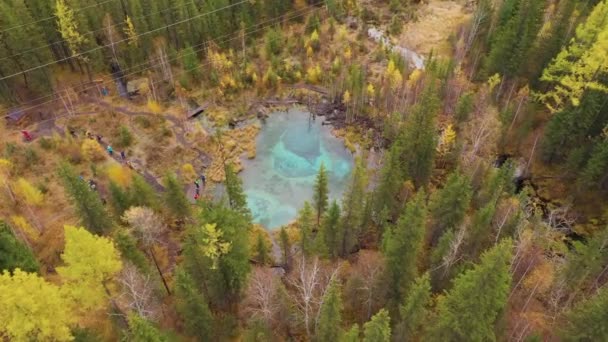 Gayzer Mavi Göl ve Sarı Ağaçlar. Hava görüntüsü. Altai Cumhuriyeti, Rusya — Stok video