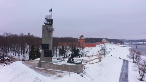 Veliky Novgorod, Russia - January 5, 2020: Victory Monument in Veliky Novgorod City. Russia. Aerial View — Wideo stockowe