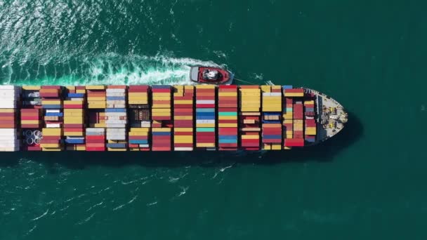 Grande nave container in mare. Vista aerea dall'alto verso il basso — Video Stock